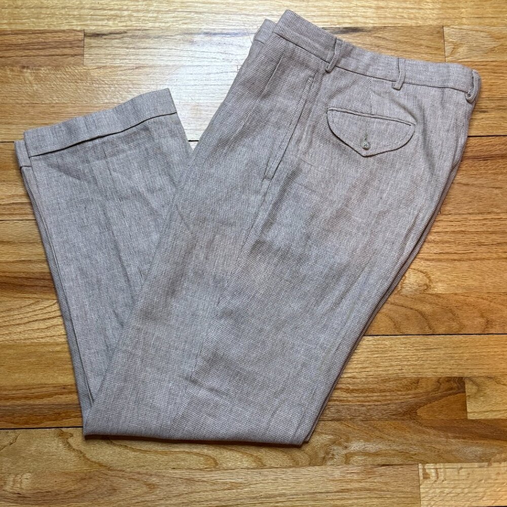 VTG Polo Ralph Lauren Pants Mens 32x29 Linen Blend Tan Pleated Cuffed Trousers